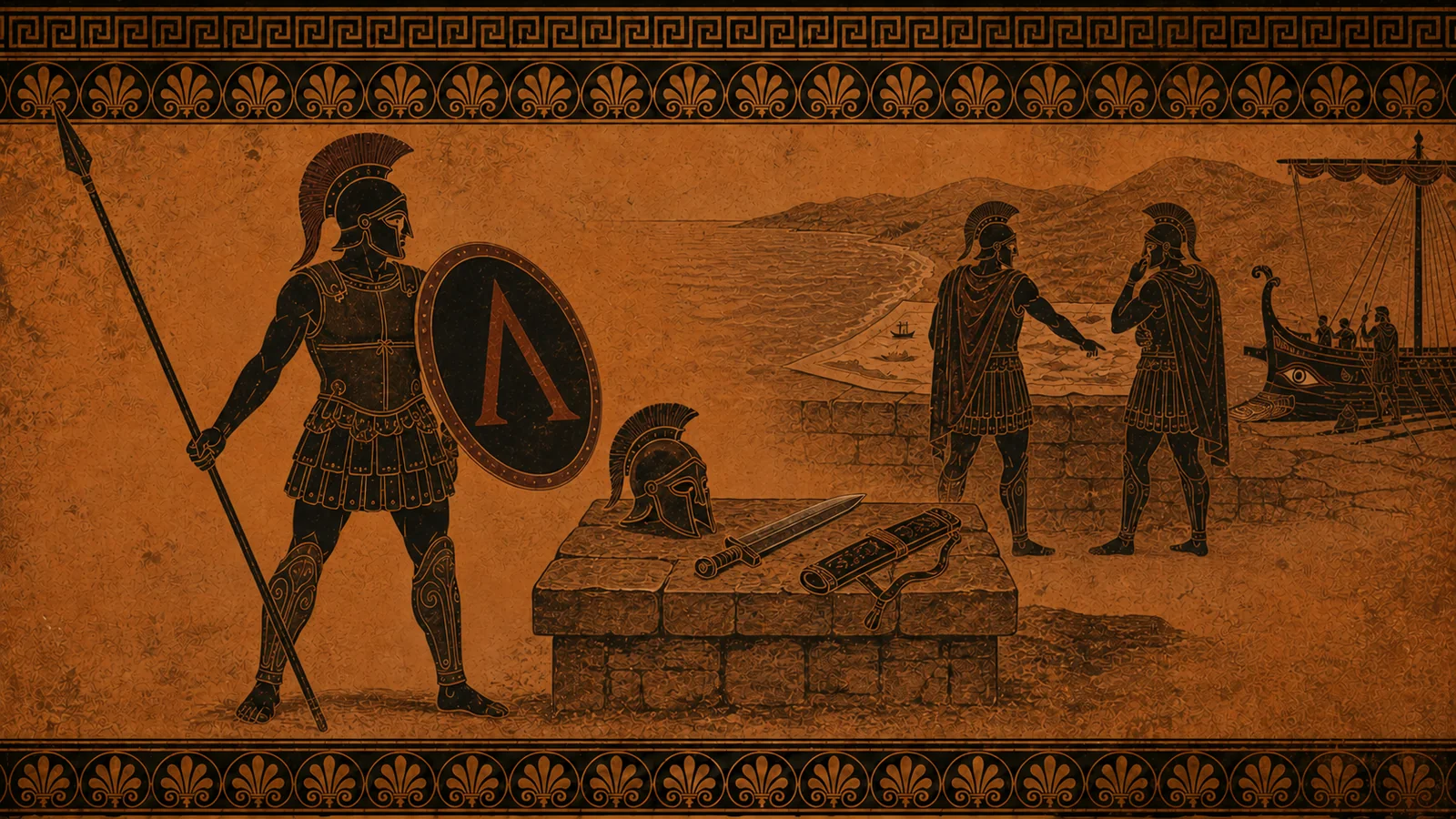 Ancient Greek vase-style depiction of a hoplite with a Spartan lambda aspis, long dory spear, short xiphos sword, Corinthian helmets, and a trireme