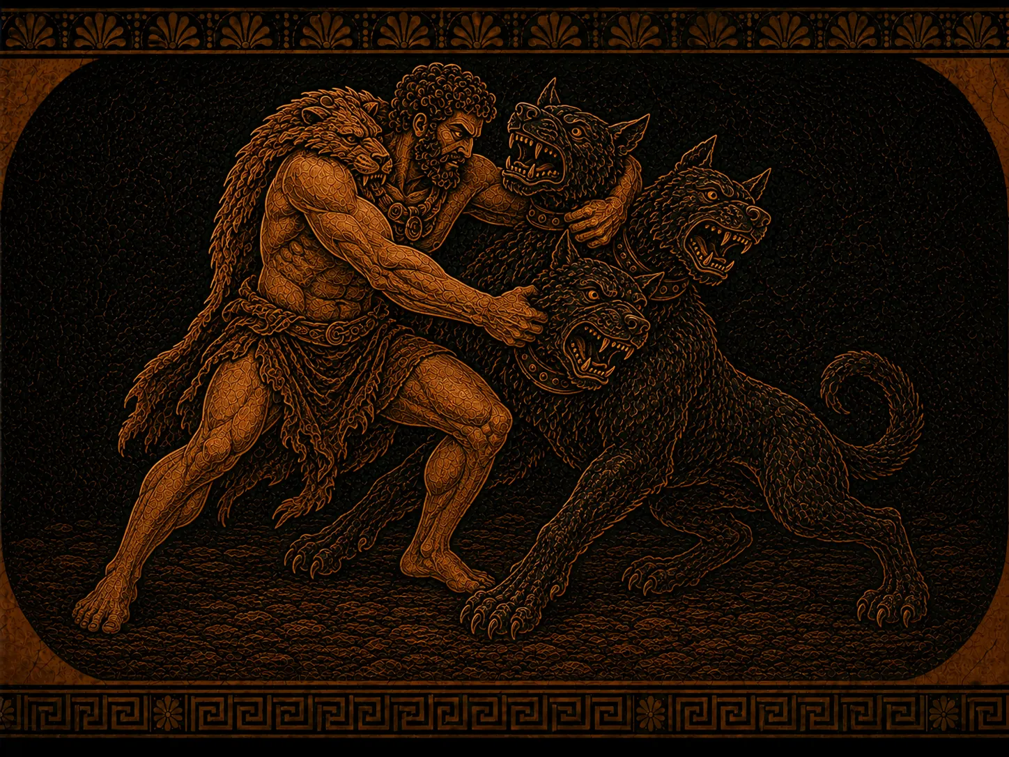 Heracles wrestling and mastering the three-headed Cerberus without weapons